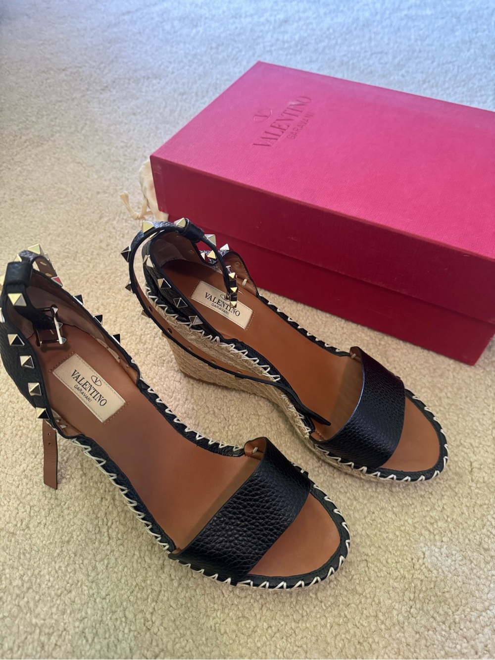 Valentino Black Leather Rockstud Espadrille Wedge Sandals